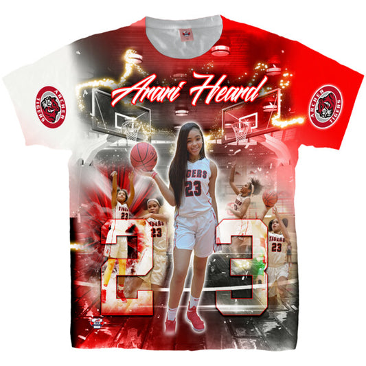 A custom-designed 3D printed t-shirt featuring a basketball theme with multiple colors and graphics, including the number 23 and a name.