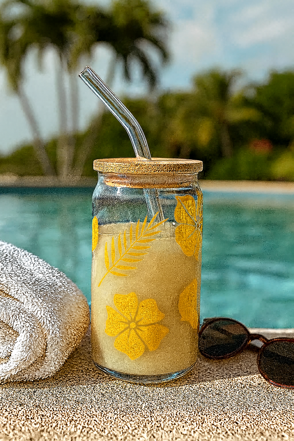 Glass jar with straw lid, yellow flowers, and sunglasses by a poolside
