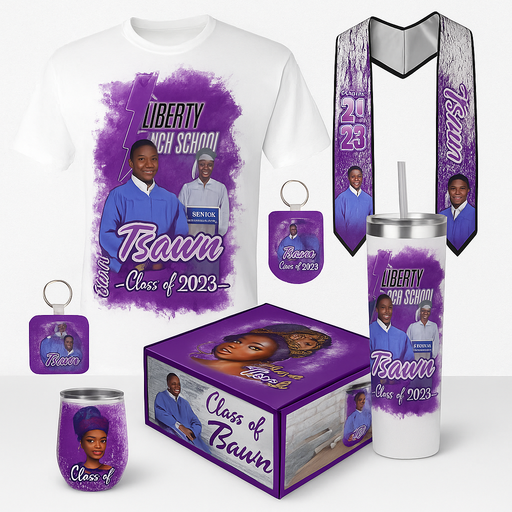 Custom Graduate Bundle Box – T‑Shirt, Stole, Keychain, Button + Tumbler