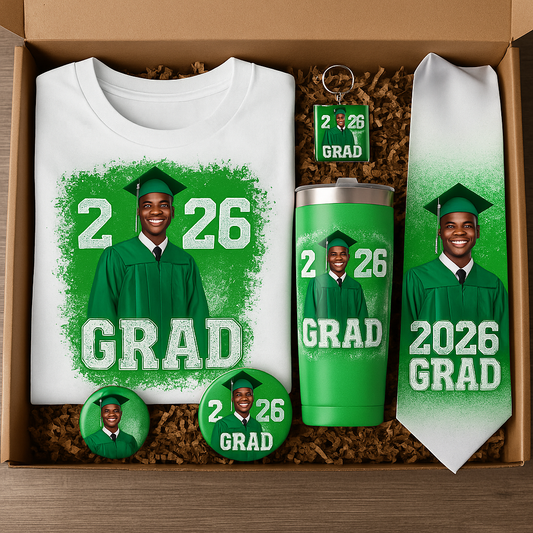 Custom Graduate Bundle Box – T‑Shirt, Stole, Keychain, Button + Tumbler