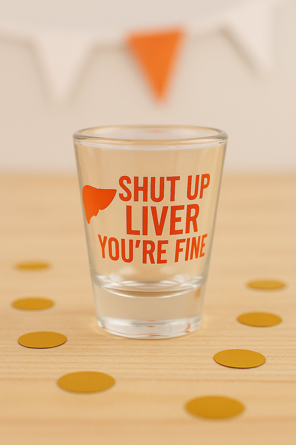Shot glass with 'Shut up liver you're fine' text on a wooden surface with gold confetti.