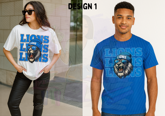 Two people wearing t-shirts with a lion graphic and 'LIONS' text.