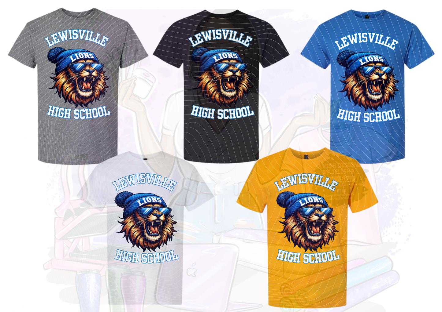 Five Lewisville High School t-shirts in different colors with a lion in beanie graphic.