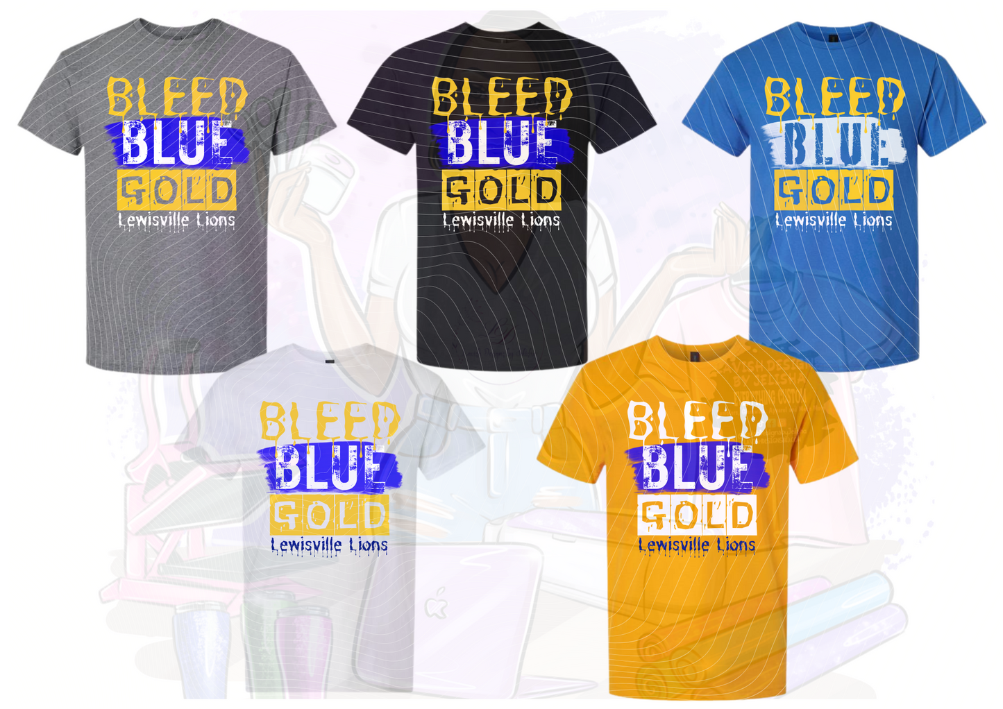 Collection of t-shirts with 'Bleed Blue Gold' text in various colors on a white background.