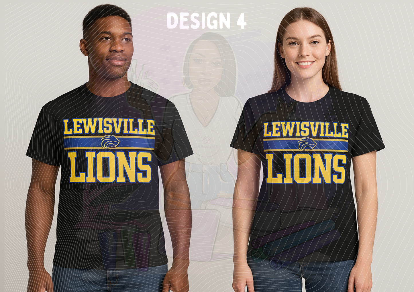 Two people wearing 'Lewisville Lions' t-shirts on a plain background