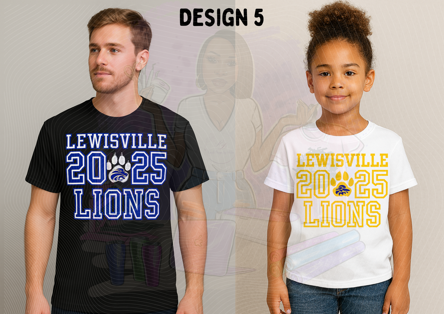 Two people wearing t-shirts with 'Lewisville 2025 Lions' design on a plain background