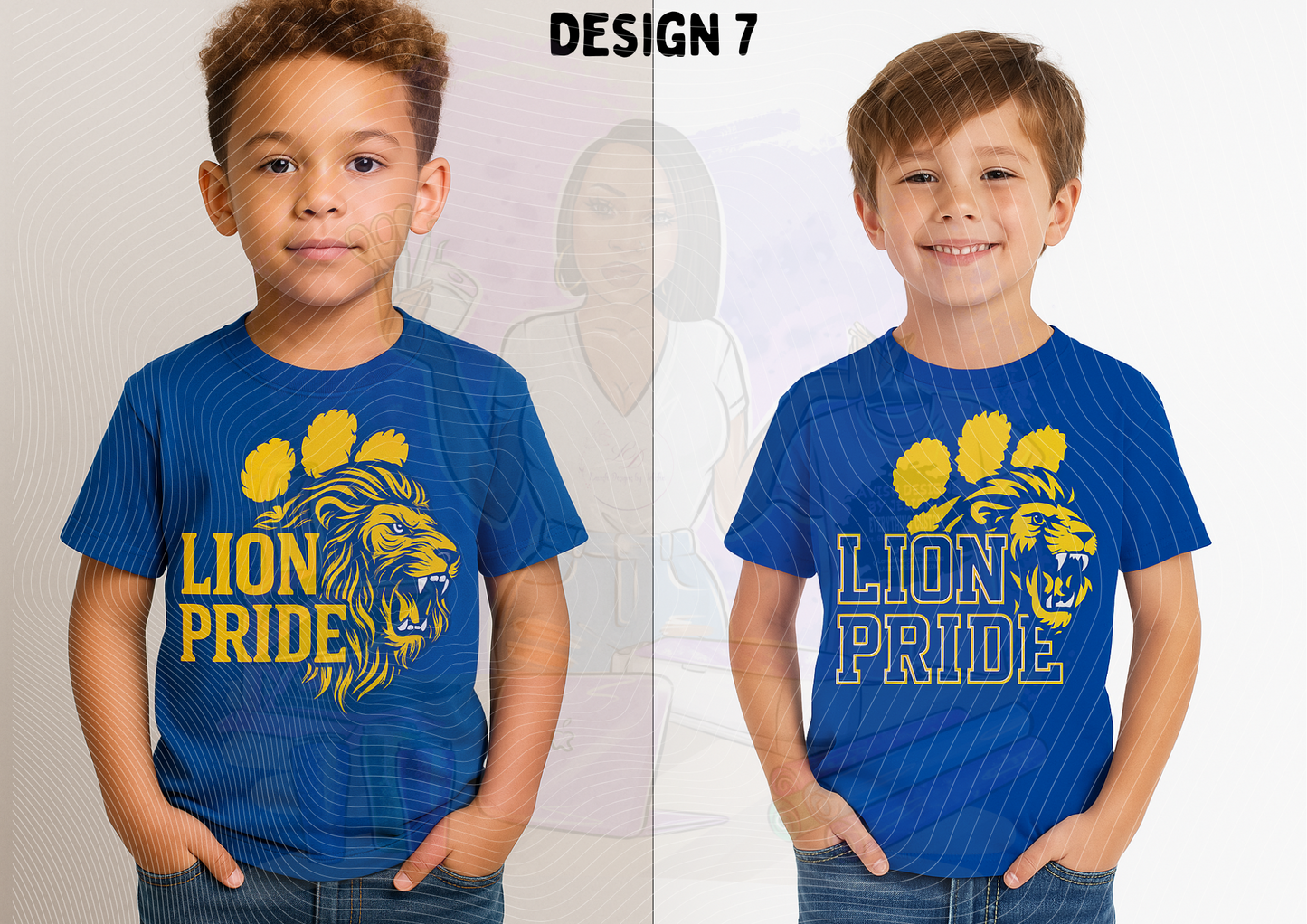 Two children wearing blue 'Lion Pride' t-shirts with a lion graphic.