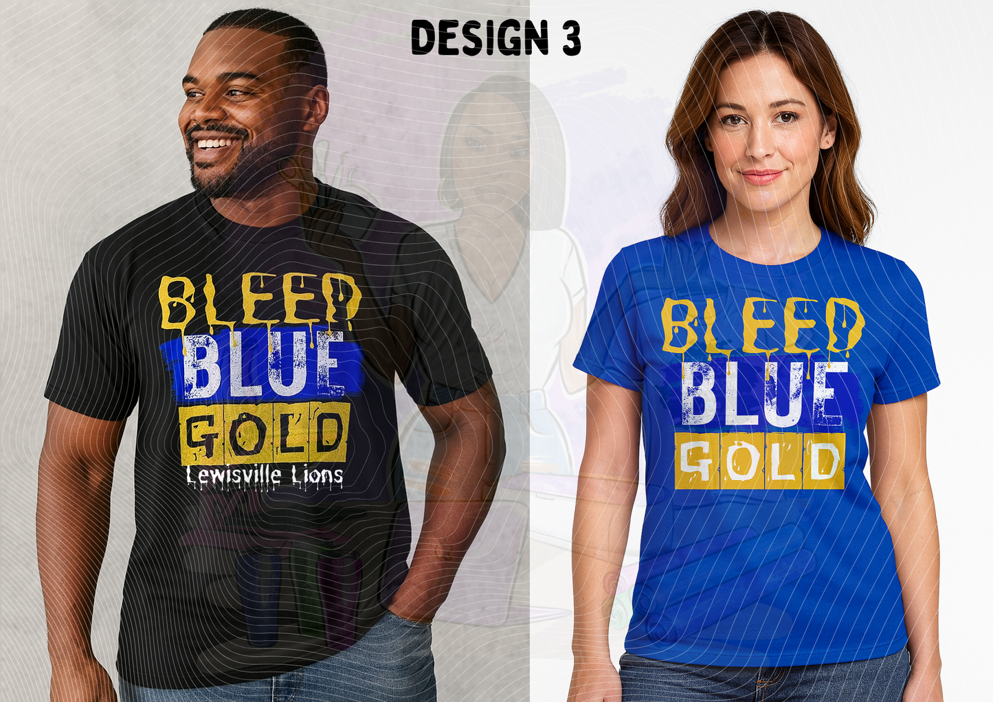 Two people wearing t-shirts with 'BLEED BLUE GOLD' text, one in black and yellow, the other in blue and yellow.