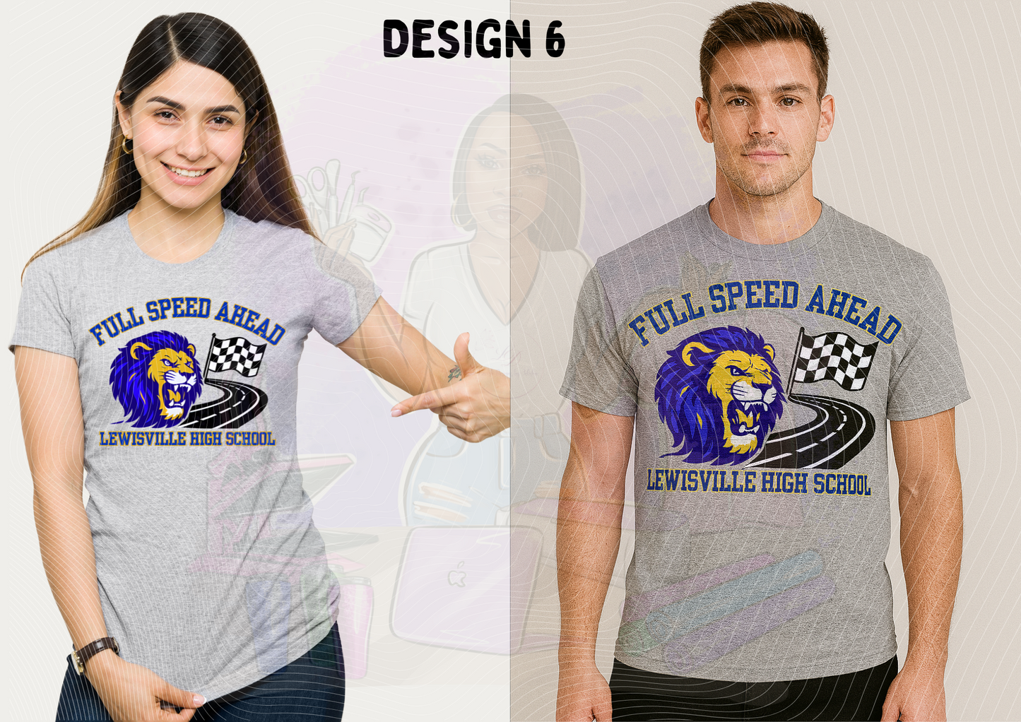 Two people wearing gray t-shirts with 'Full Speed Ahead Lewisville High School' design.