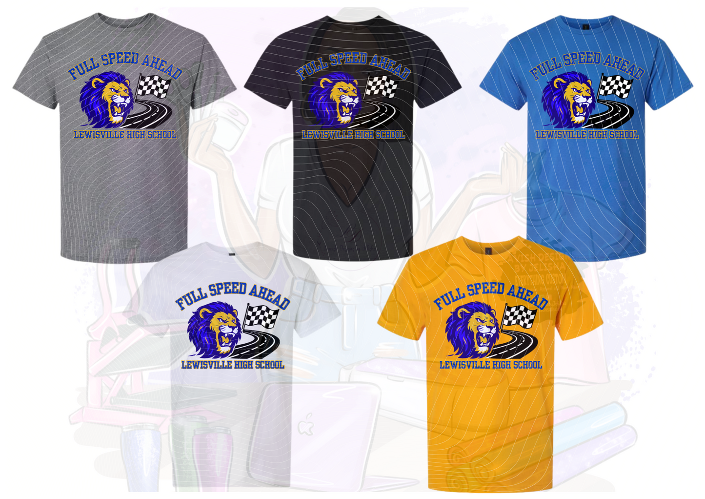 Collection of t-shirts with 'Full Speed Ahead' and school logo design on a white background