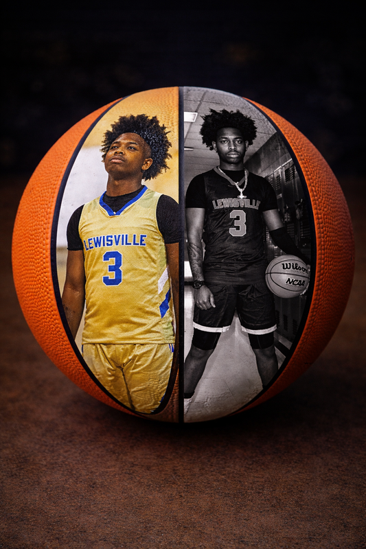 Custom photo basketball featuring two vertical panels of a Lewisville basketball player, showcasing senior year action and portrait images on a realistic basketball surface