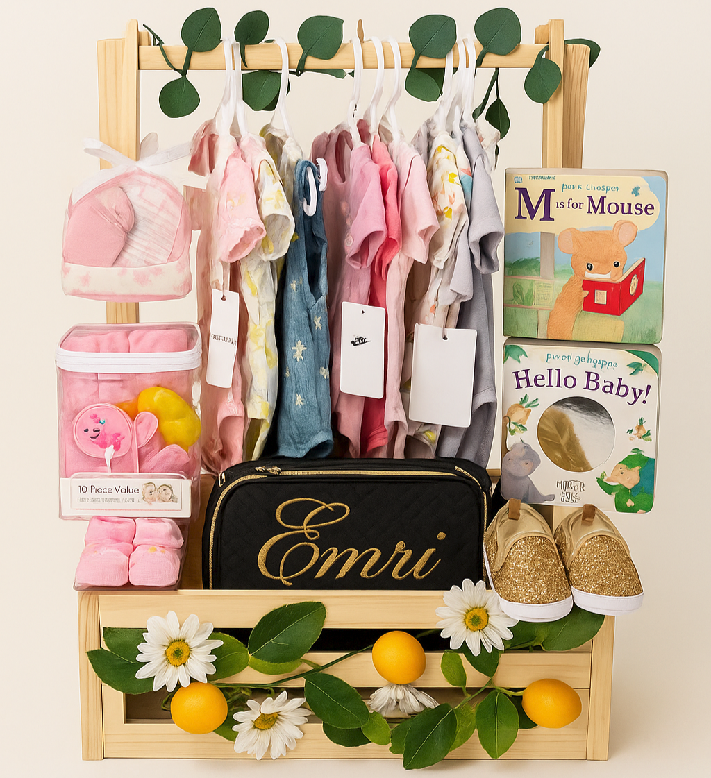 Luxury baby girl gift bundle with clothing, accessories, and books in a personalized keepsake crate.
