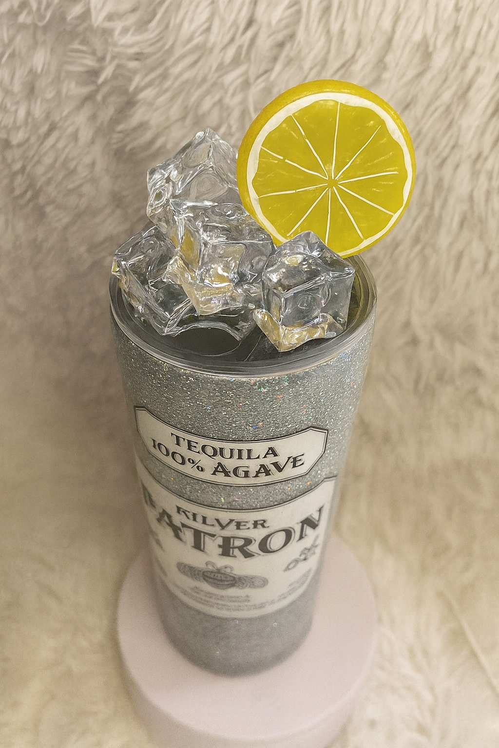 Patrón-inspired glitter tumbler with faux ice and lemon topper