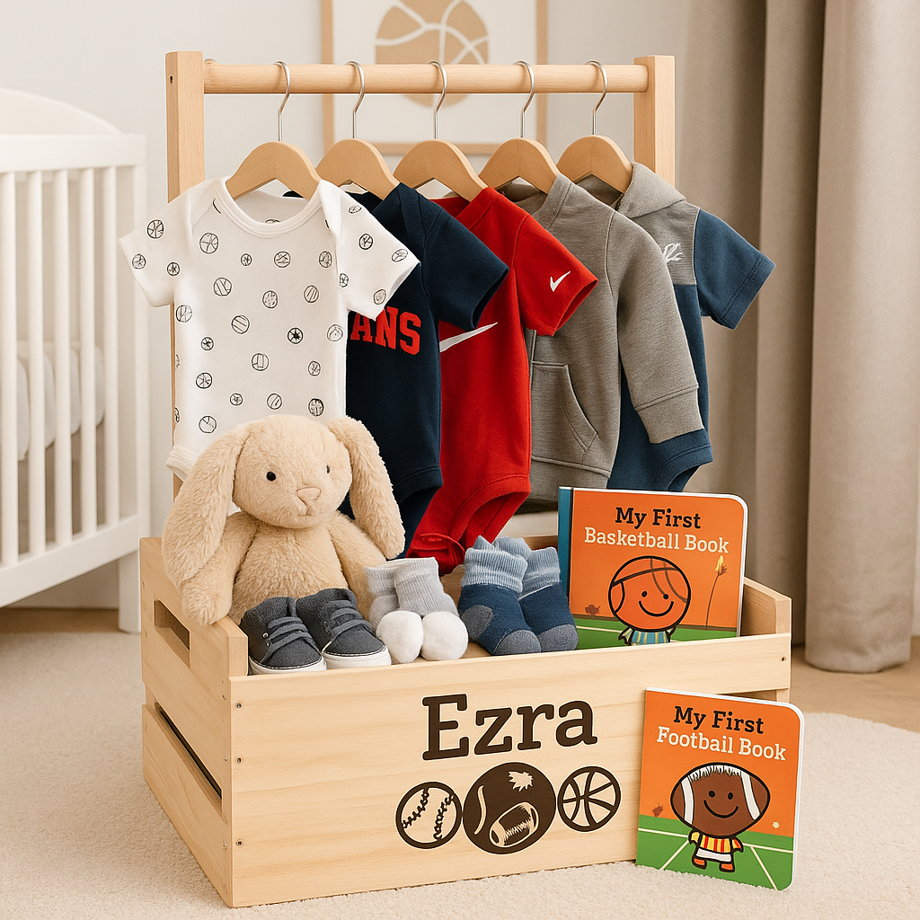 Light wood personalized baby gift crate labeled “Ezra” with sports icons, displayed in a nursery, holding five baby outfits including sports prints and Nike brand, plush bunny, baby shoes, cozy socks, and two board books titled “My First Basketball Book” and “My First Football Book.