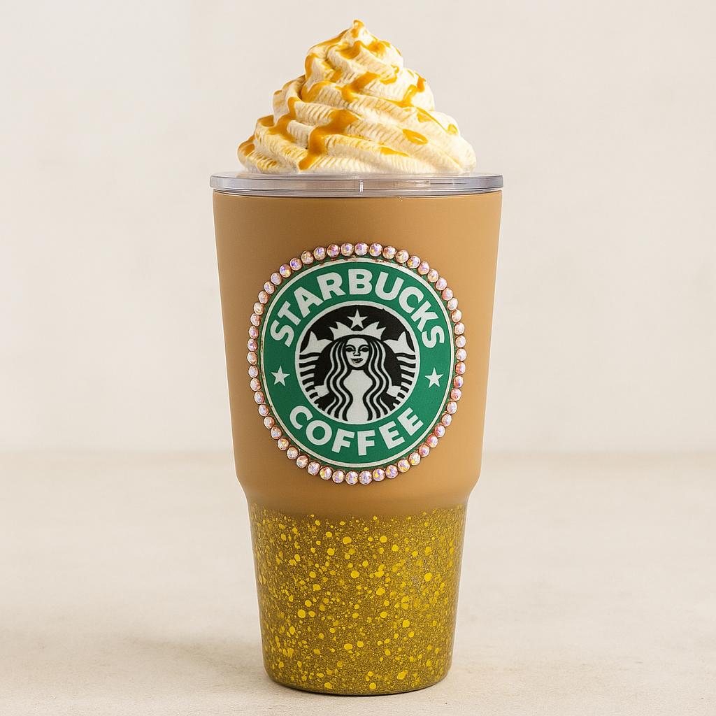 Rhinestone-covered iced coffee tumbler with 3D whipped cream topper and straw