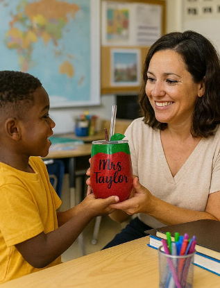 Young student gifting a custom apple glitter tumbler labeled “Mrs. Taylor” to a smiling teacher in a classroom setting