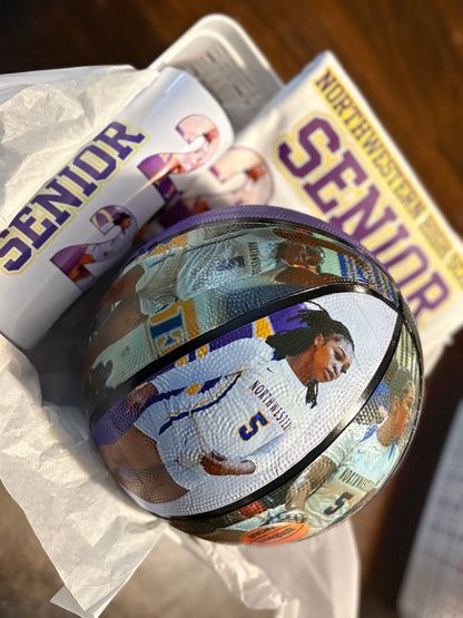 Basketball with a player's image on it, placed on top of 'Northwestern Senior' yearbooks.