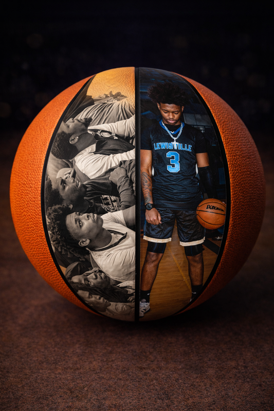 Basketball with images of a player and fans on a dark background