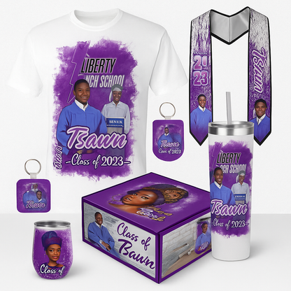 Custom Graduate Bundle Box – T‑Shirt, Stole, Keychain, Button + Tumbler
