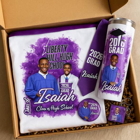 Custom Graduate Bundle Box – T‑Shirt, Stole, Keychain, Button + Tumbler