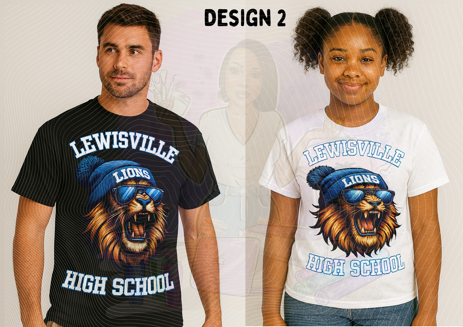 Two people wearing t-shirts with 'Lewisville Lions High School' design on a plain background.