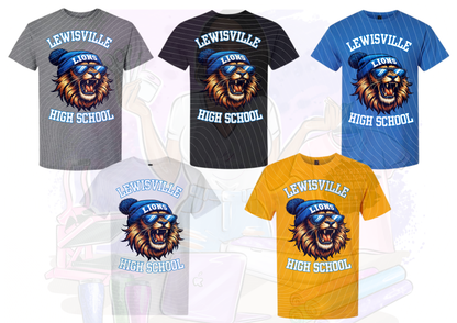Five Lewisville High School t-shirts in different colors with a lion in beanie graphic.