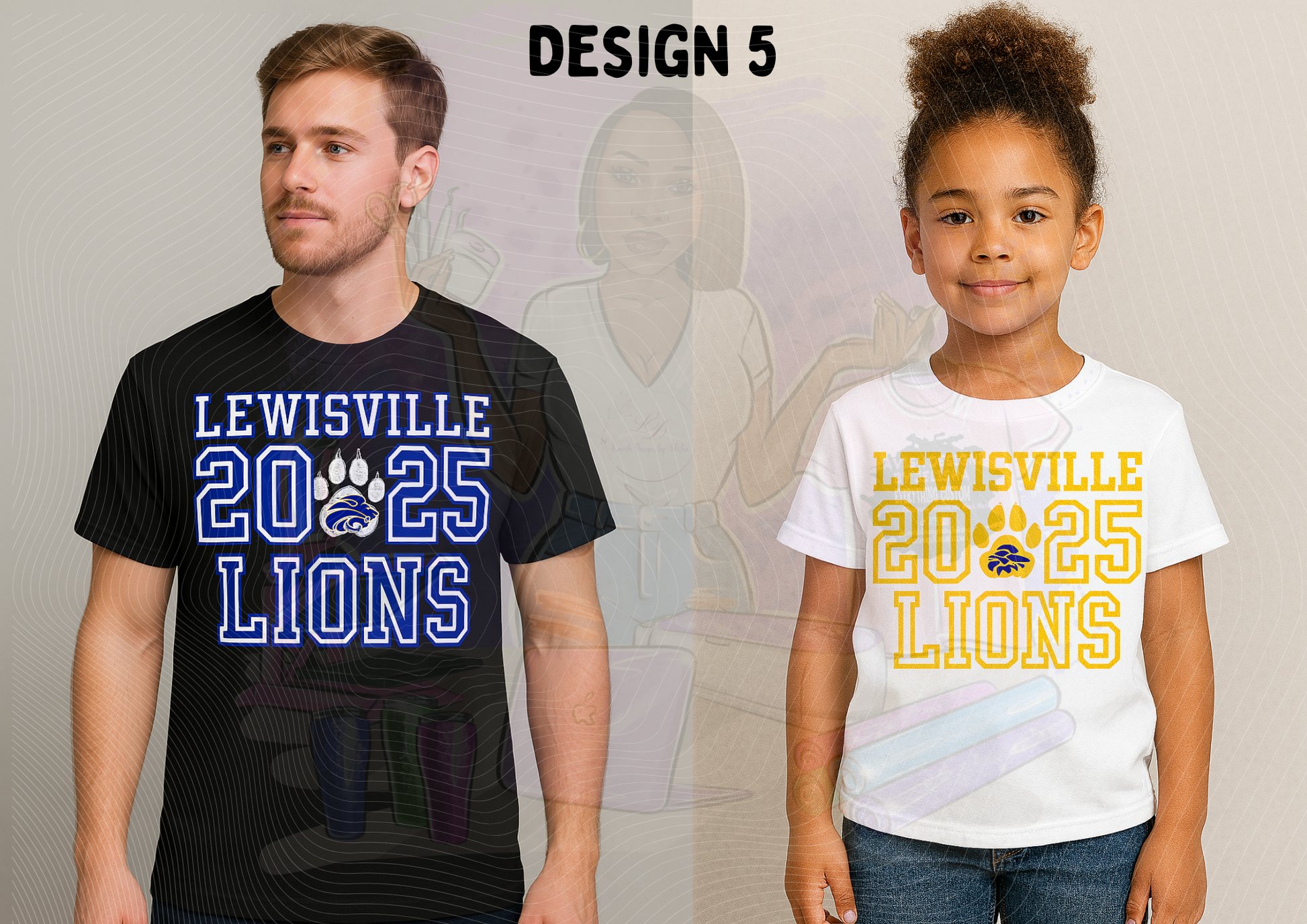 Two people wearing t-shirts with 'Lewisville 2025 Lions' design on a plain background