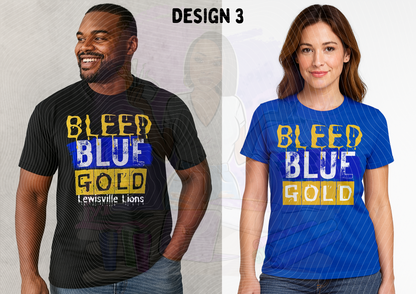 Two people wearing t-shirts with 'BLEED BLUE GOLD' text, one in black and yellow, the other in blue and yellow.