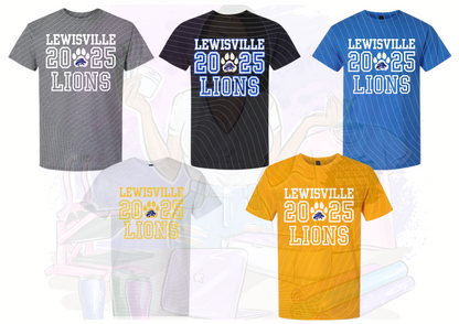 Five t-shirts with 'Lewisville 2025 Lions' text in different colors on a white background.