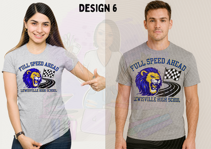 Two people wearing gray t-shirts with 'Full Speed Ahead Lewisville High School' design.
