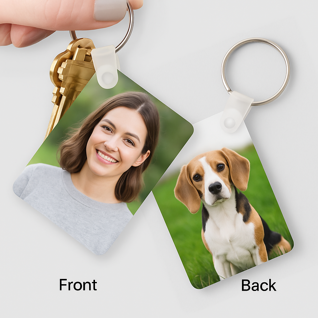 Keychain with a woman's face on one side and a dog on the other, held by a hand.