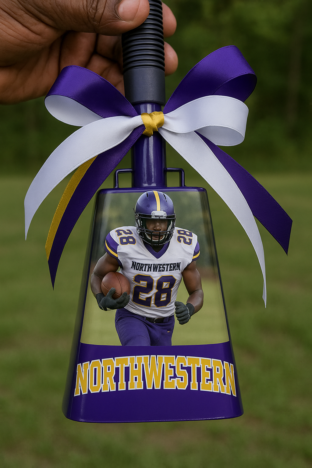 Decorative bell with Northwestern football player design and purple ribbon