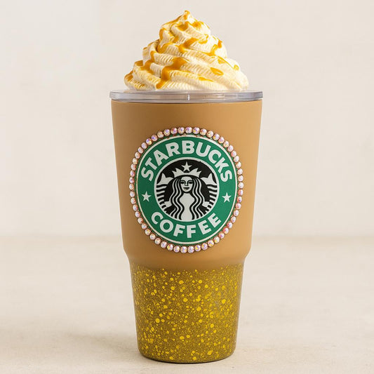 Rhinestone-covered iced coffee tumbler with 3D whipped cream topper and straw