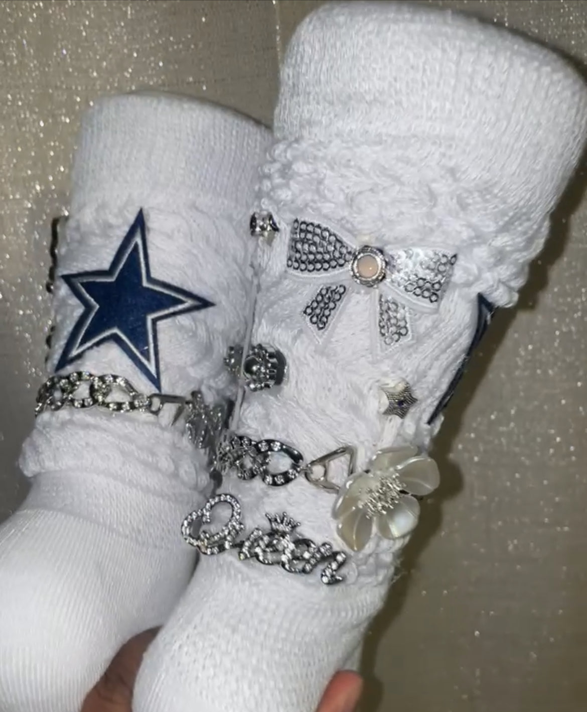 Custom white crew socks with silver charms, bows, and chain details – handmade by Lavish Designs
