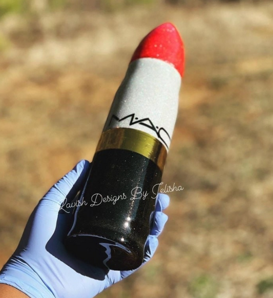 Handcrafted custom tumbler shaped like a MAC lipstick with glitter finish – handmade by Lavish Designs by Jelisha